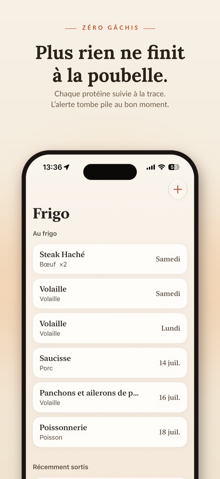Le frigo d'Aisly : chaque protéine sort du suivi d'un geste — cuisinée ou congelée