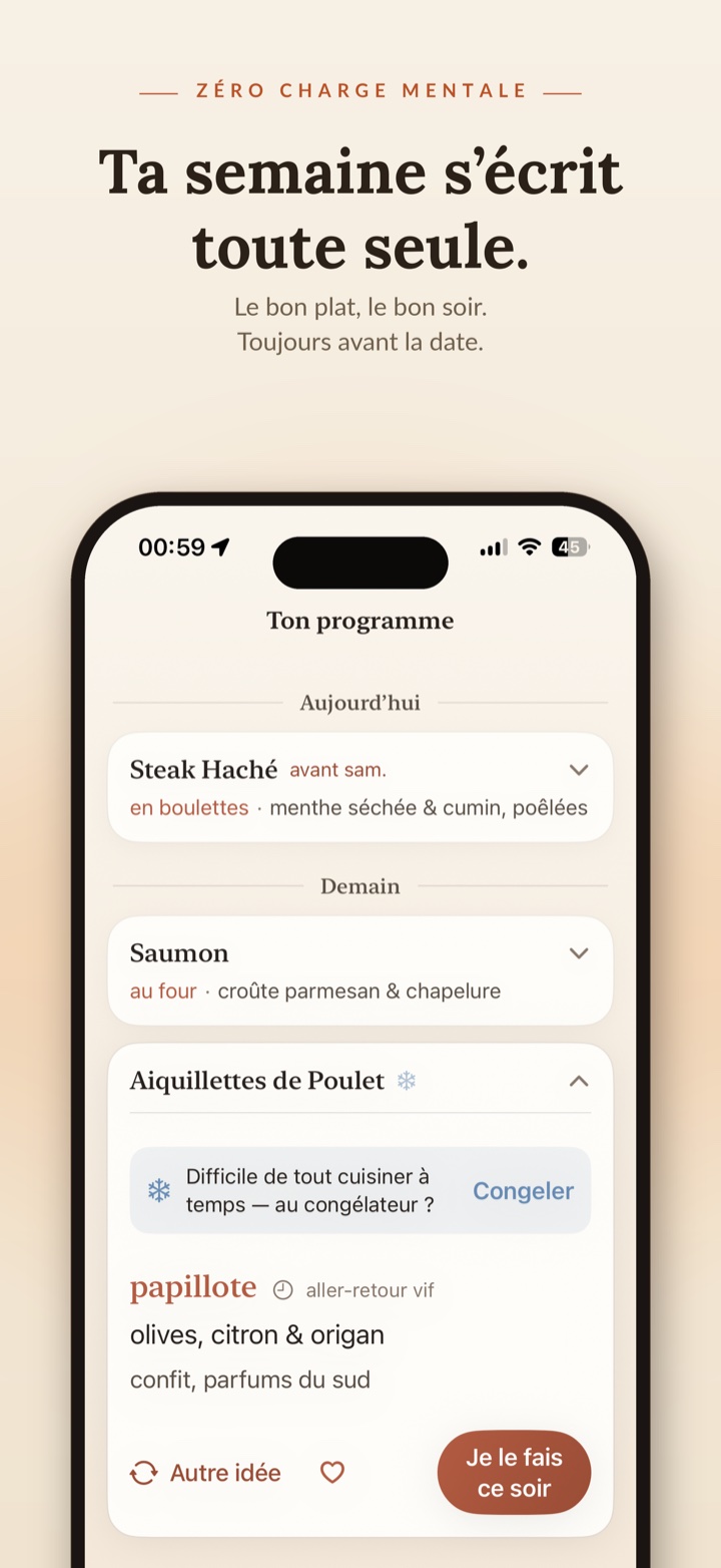 Le programme d'Aisly : ta semaine s'écrit toute seule, avec la suggestion congélateur quand ça se bouscule